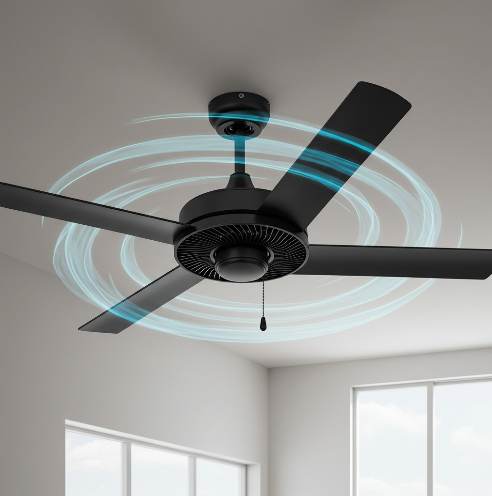 Ceiling fan in action providing airflow in a stylish home interior.